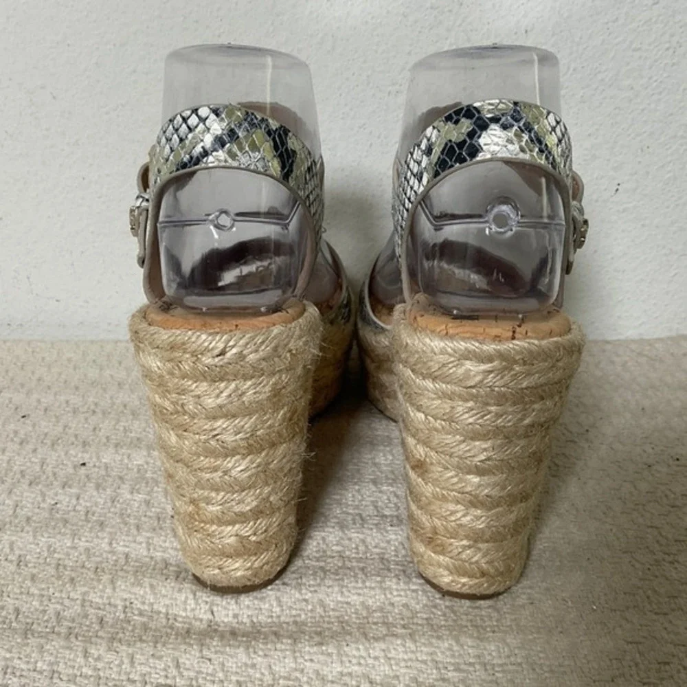 Sam‎ Edelman Maura Snakeskin Platform Wedge Espadrille Sandals White Black 6M